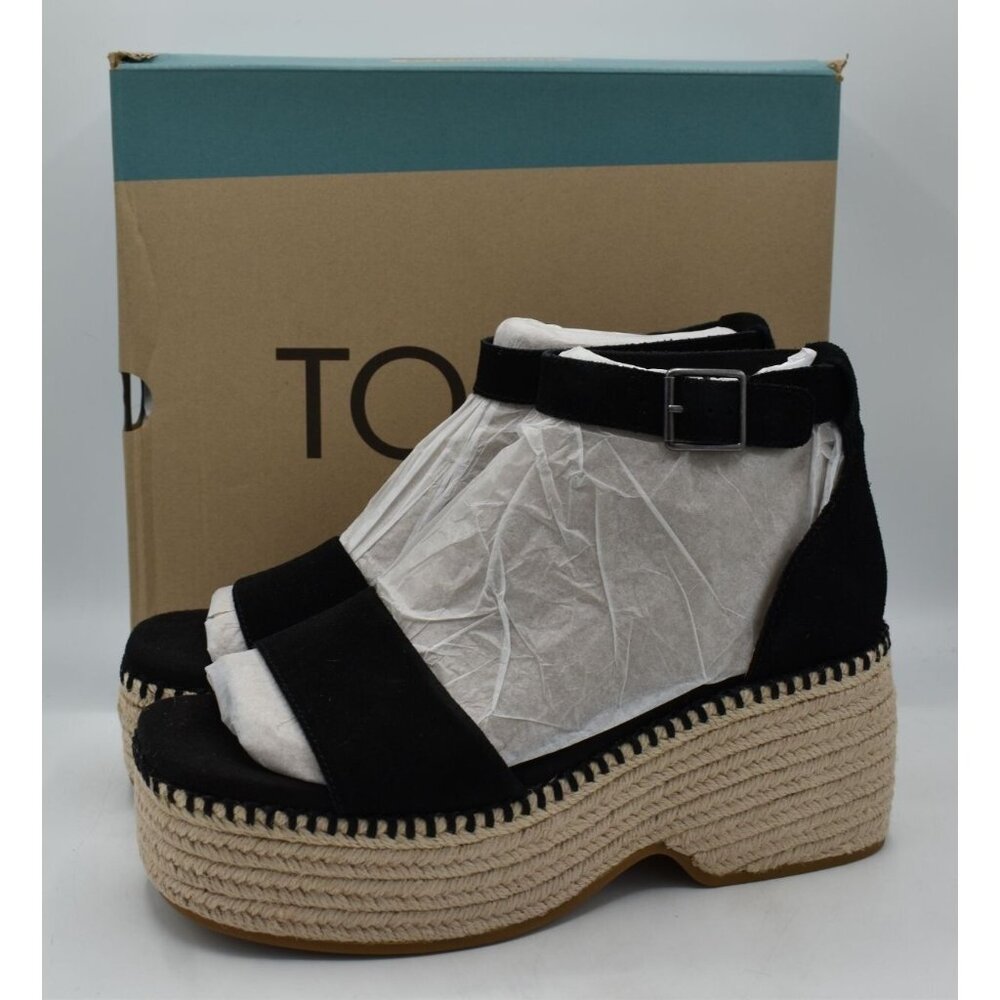 TOMS Laila Espadrille Sandal Women 8.5 Black NEW Suede Platform Wedge Buckle